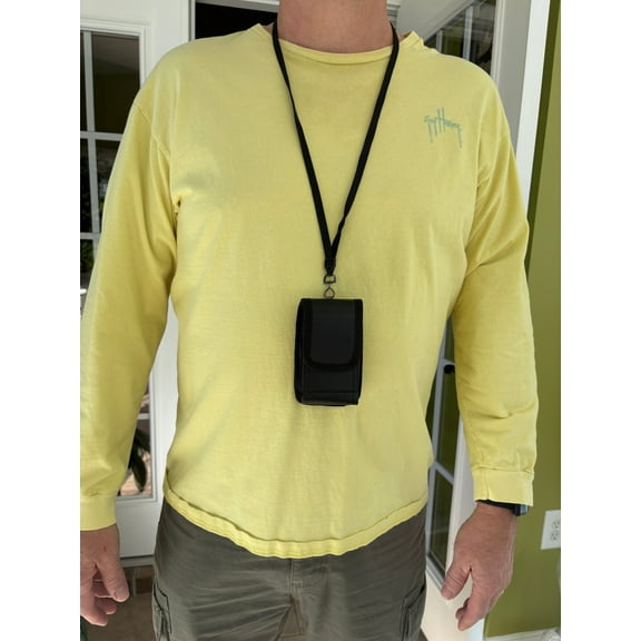 Around the Neck or Shoulder Cross body Black Leather Case with Safety Lanyard Compatible with BLU Flex Flip Phone