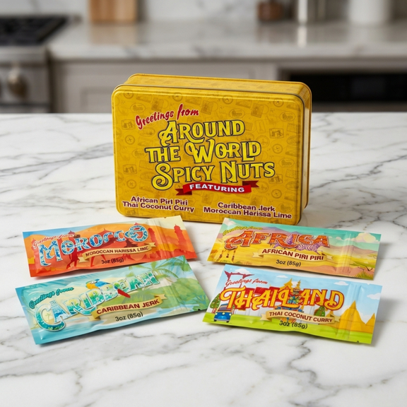 DM Snacks Around the World Spicy Nuts Sampler Tin, Mixed Nuts Snack Assortment, Contains Tree Nuts (Coconut) and Peanuts