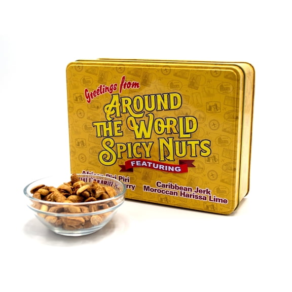 DM Snacks Around the World Spicy Nuts Sampler Tin, mixed nuts snack assortment, contains tree nuts (coconut) and peanuts