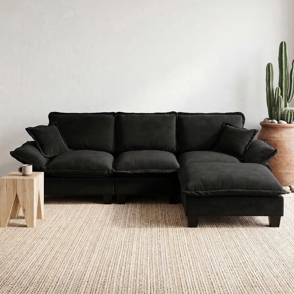 Arouseden 103" Black L Shape Sectional Couch with Ottoman,Modern Sectional Sofa with 2 Soft Pillows and Sturdy Legs,Chenille 3 Seater Couch for Apartment Living Room