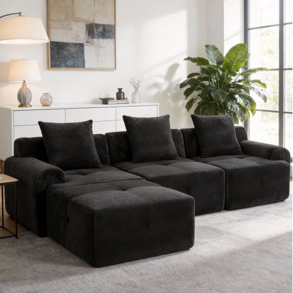 Arouseden 104" Black Sectional Couch,Oversized Deep Seat Sofa with Large Backrest and 3 Pillows,Left Facing Sectional Sofa with Chaise,Modern Cloud Couch for Living Room