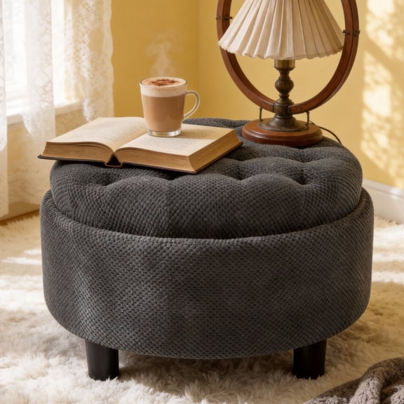 Arouseden 25" Dark Grey Round Ottoman with Storage and Tray,Tufted Round Ottoman Coffee Table, Upholstered Ottoman for Couch, Accent Footstool,Plush Fabric Ottomans for Living Room