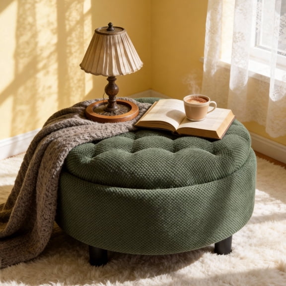 Arouseden 25" Round Ottoman with Storage for Living Room,Dark Green Round Storage Ottoman with Reversible Tray Top,Upholstered Ottoman Coffee Table,Bedroom Footstool