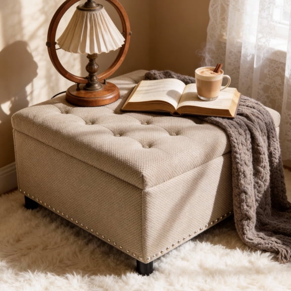 Arouseden 30" Camel Storage Ottoman,Ottoman with Storage Square,Upholstered Coffee Table Ottoman with Nailhead Trim Design,Living Room Accent Large Foot Stool for Living Room