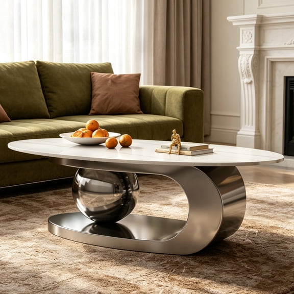 Arouseden 49.2" Marble and Silver Coffee Table with Luxury Metal Base,Faux Sintered Stone Coffee Table for Living Room