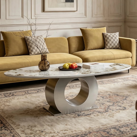 Arouseden 49.2" Oval Marble Coffee Table with Luxury Metal Base,White Sintered Stone Coffee Table,Modern Luxury Coffee Table for Living Room(Silver,Gray)