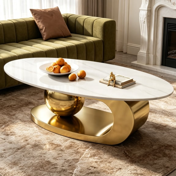 Arouseden 49.2" White and Gold Coffee Table with Luxury Metal Base,Faux Marble Coffee Table for Living Room