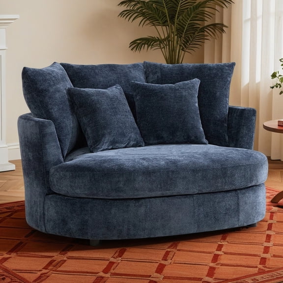 Arouseden 55" Extra Large Barrel Chair with 3 Cushions and 2 Throw Pillows,Navy Small Loveseat Sofa,Oversized Chenille Single Sofa Chair for Living Room