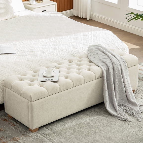 Arouseden 60" End of Bed Storage Bench King Size Beige,Flip Top Storage Bench with Legs,End of the Bed Benches Chenille,Upholstered Benches for Living Room,Bedroom,Entryway