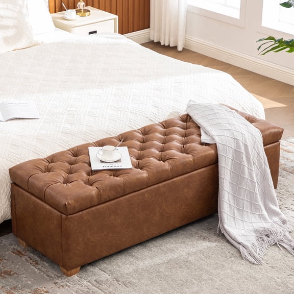 Arouseden 60" End of Bed Storage Bench King Size Brown,Faux Leather Storage Bench with Wood Legs,Upholstered Entryway Benches,Window Benches Seat for Living Room,Bedroom