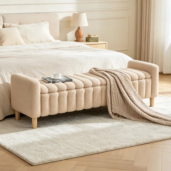 Arouseden 63.4" Wheat End of Bed Storage Bench King Size with Solid Wood Legs,Channel Tufted End of Bed Sofa for Bedroom,Teddy Window Bench with Storage for Living Room