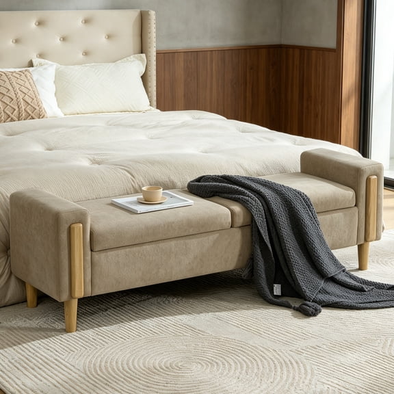 Arouseden 65.6" Greige End of Bed Storage Bench King Size with Dual Independent Flip‑Top Lids,Large Window Bench,Chenille Upholstered Storage Benches for Living Room