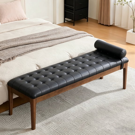 Arouseden 66" Black Faux Leather End of Bed Bench with Headrest & Rubberwood Finish Legs,King Size Upholstered Window Bench, Tufted Bench for Living Room