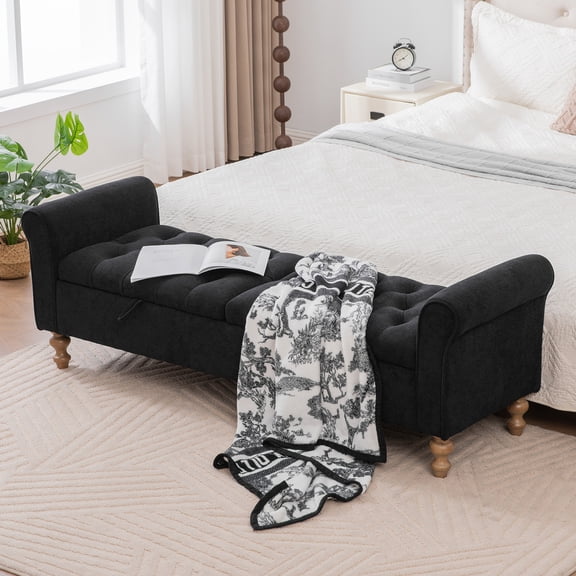 Arouseden 66" Black Storage Bench for Bedroom King Size,Napped Tufted Bench with Storage King Size with Dual-opening Compartment,Upholstered Entryway Bench,Ottoman Bench for Living Room