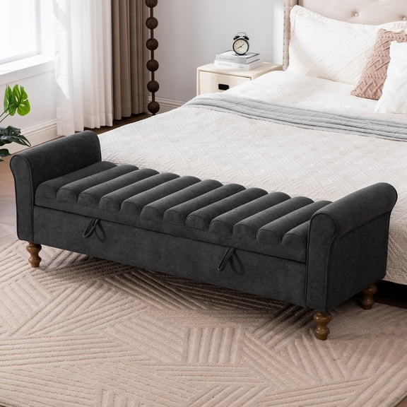 Arouseden 66" End of Bed Storage Bench King Size,Upholstered Storage Bench for Bedroom,Modern Storage Ottoman Bench with Wood Legs,Napped Indoor Bench with Storage Living Room( Dark Gray,Black)