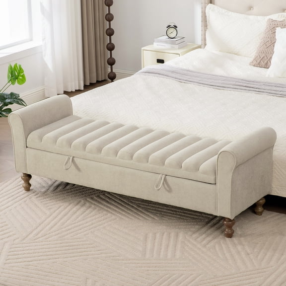 Arouseden 66" Foot of Bed Storage Bench King Size,Upholstered King Size Bench for Bedroom End of Bed,Bed Ottoman Bench with Wood Legs, Napped Indoor Bench with Storage Living Room(Greige,Light Beige)