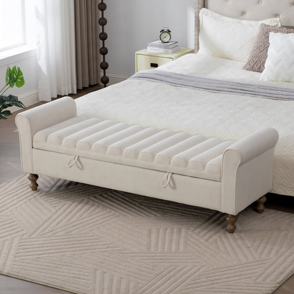 Arouseden 66" Storage Bench for Bedroom End of Bed King Size,Beige Upholstered Bench with Wood Legs,King Size Foot of Bed Bench,Napped Indoor Bench with Storage Living Room and Entryway
