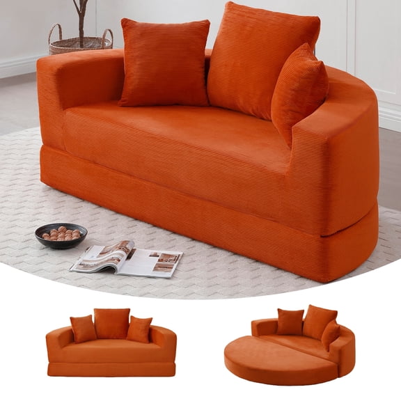 Arouseden 67" Orange Oversized Upholstered Sofa Bed Round,Soft Corduroy Boneless Couch,Round Folding Sofa Bed with 3 Removable Pillows,Half Circle Couch for Bedroom and Living Room