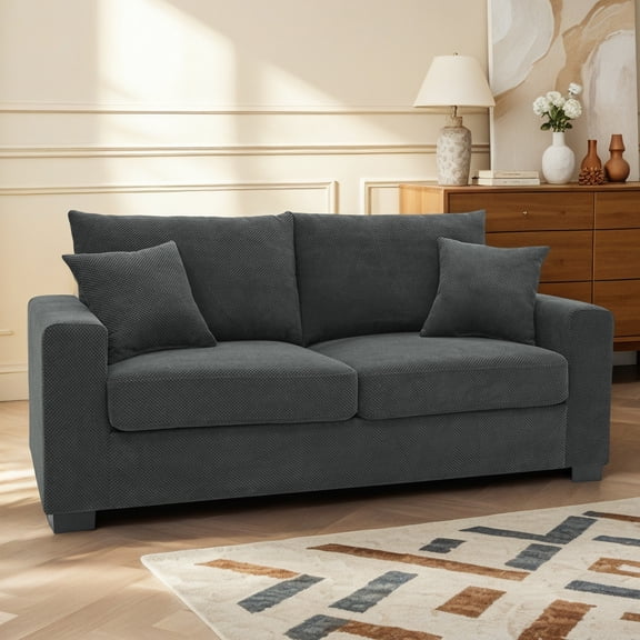 Arouseden 69" Dark Grey Loveseat Sofa with 2 Large Back Cushion and 2 Throw Pillows,Upholstered 2 Seater Couch with Sturdy Plastic Legs,Small Comfy Couch for Living Room