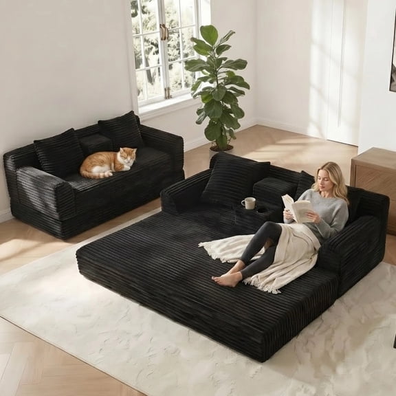 Arouseden 72" Black Convertible Sofa Bed with Cup Holders & Throw Pillows,Corduroy 2 Seater Foam Couch,Boneless Couch Bed for Living Room