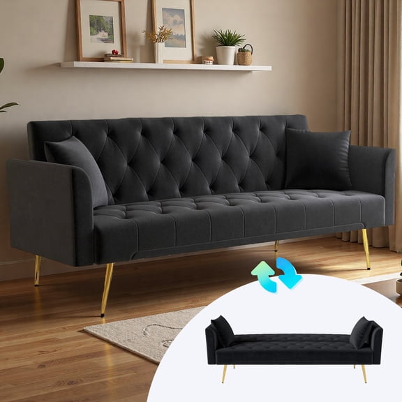 Arouseden 72" Black Velvet 3 Seater Sofa Golden Legs,American Retro Style Couch with 2 Comfortable Pillows,Velvet Button Tufted Couch for bedroom,Upholstered 3-Seater Sofa for Small Living Room