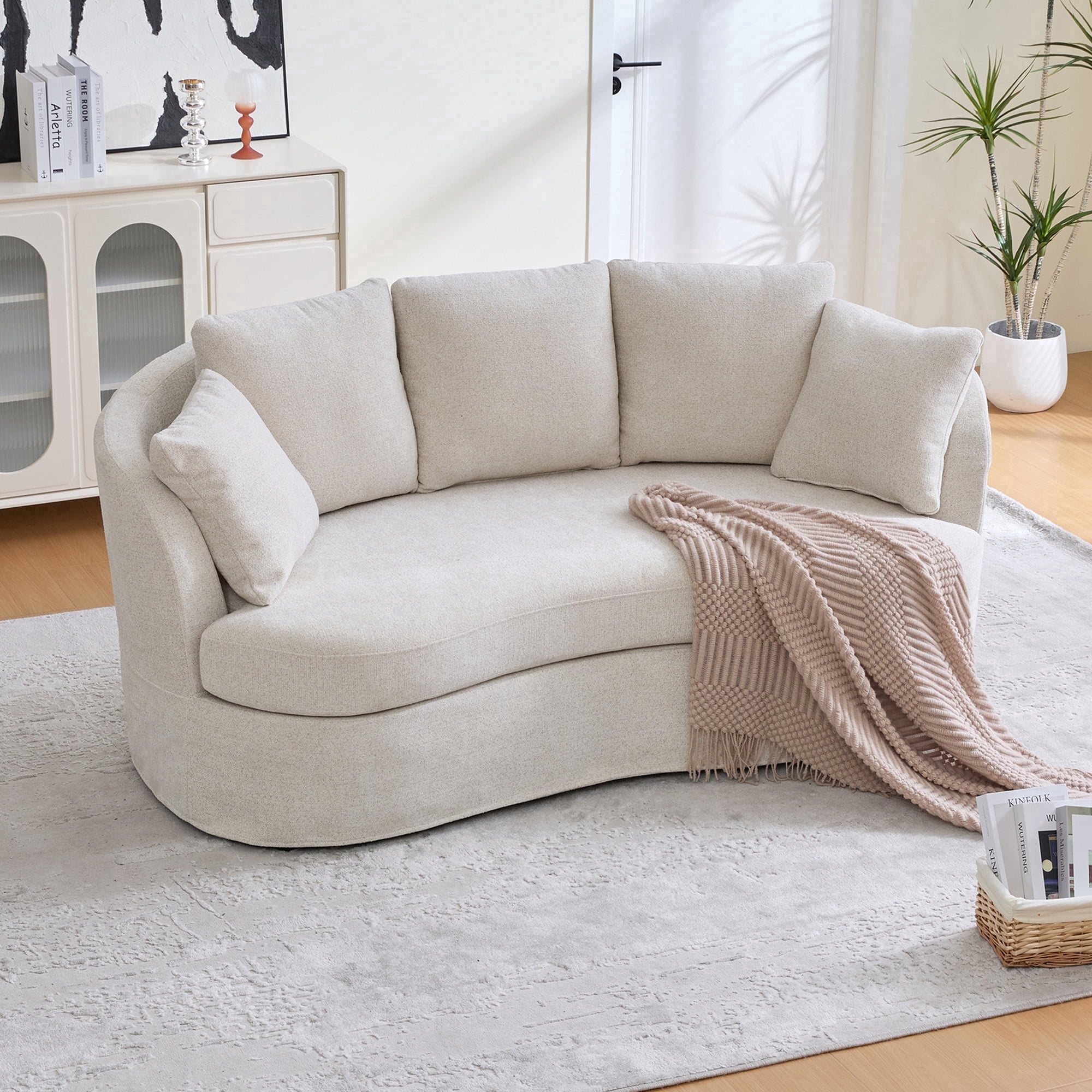 Arouseden 74" Curved Couch for Small Space,Upholstered Beige Loveseat Sofa with 3 Removable Cushions,Small Apartment Couch with Curved Backrest,Chenille Modern Curved Sofa for Living Room