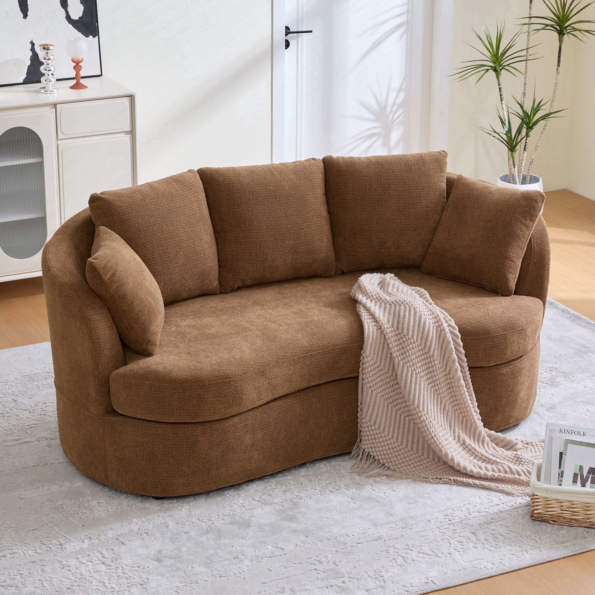 Arouseden 74" Curved Sofa for Small Spaces,Curved Loveseat Couch with 3 Cushions and 2 Throw Pillows,Chenille Loveseat with Curved Backrest,2 Seater Sofas Couch for Living Room(Curved/Camel)