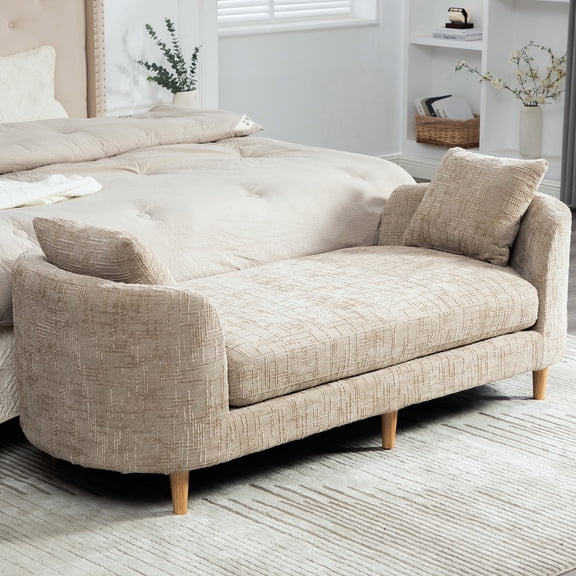 Arouseden 77" Wheat King Size Bench for End of Bed,Cushioned Bench for Bedroom with Curved Arms,End of Bed Chaise Lounge,Modern Daybed Chaise,Oversized Upholstered Bench Living Room
