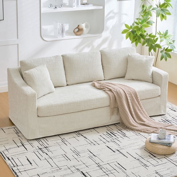 Arouseden 84" Off White Couch 3 Seater,Textured Traditional Sofa with Wide Armrests and Backrest,Modern 3 Person Couch with 3 Cushions and 2 Pillows,Upholstered Luxury Couches for Living Room