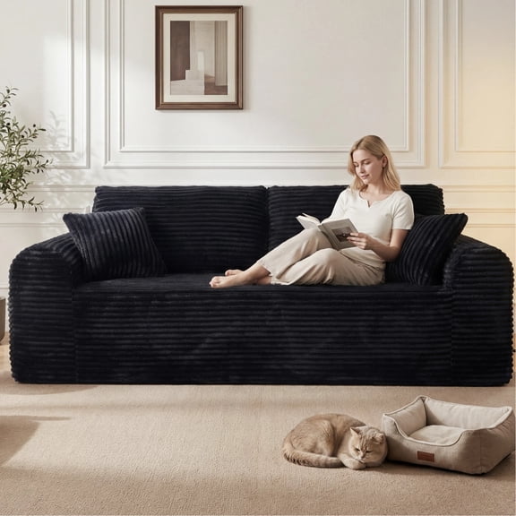 Arouseden 86.6" Black 3 Seater Couch,Plush Corduroy Couch with 2 Cushions and 2 Throw Pillows,Boneless Cloud Sofa with Deep Seat for Living Room