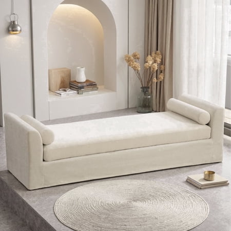 Arouseden 88.6" Beige Oversized Chaise Lounge Bench with 2 Pillows,Extra Large Modern Sofa Bench,Chenille Upholstered Bench for Bedroom End of Bed,Extra Long Window Bench for Living Room,Entryway
