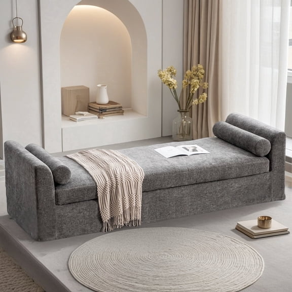 Arouseden 90" Gray Extra Large End of Bed Sofa Bench with 2 Pillows,Daybed Chaise,Chenille Oversized Chaise Lounge Bench,Extra Long Upholstered Bench for Bedroom,Window,Entryway, Living Room