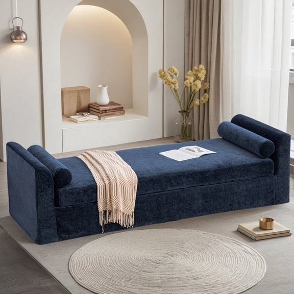 Arouseden 90" Oversized Upholstered Bench Navy,Extra Long End of Bed Bench,Window Daybed Bench,Chenille Chaise Lounge Bench Indoor,Extra Large Upholstered Bench for Living Room