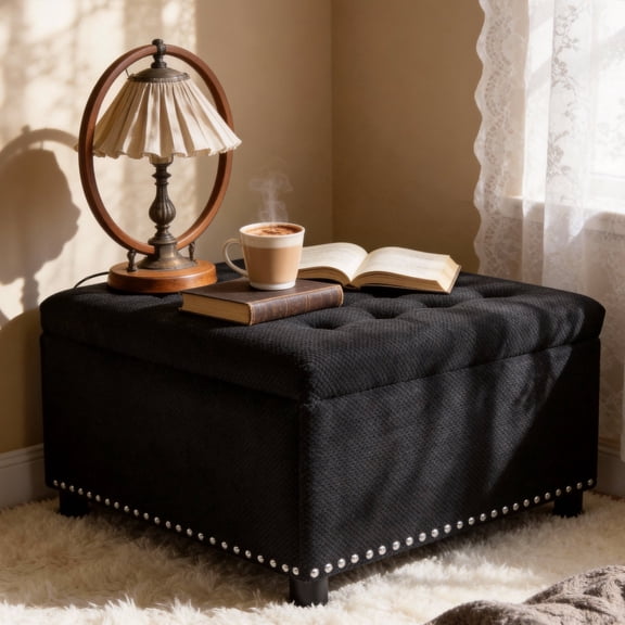 Arouseden Black Storage Ottomans,Large Foot Rest Ottoman with Nailhead Trim Design,Fabric Ottoman Coffee Table,Square Foot Stool for Couch for Living Room
