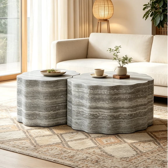 Arouseden Faux Stone Coffee Table Set,Modern Wood Coffee Table Set of 2,Scalloped Nesting Coffee Tables for Living Room(Beige+Grey)