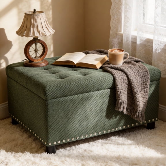 Arouseden Green Storage Ottoman,30 Inch Ottoman with Storage,Fabric Ottoman Coffee Table with Nailhead Trim Design,Square Tufted Ottomans for Living Room
