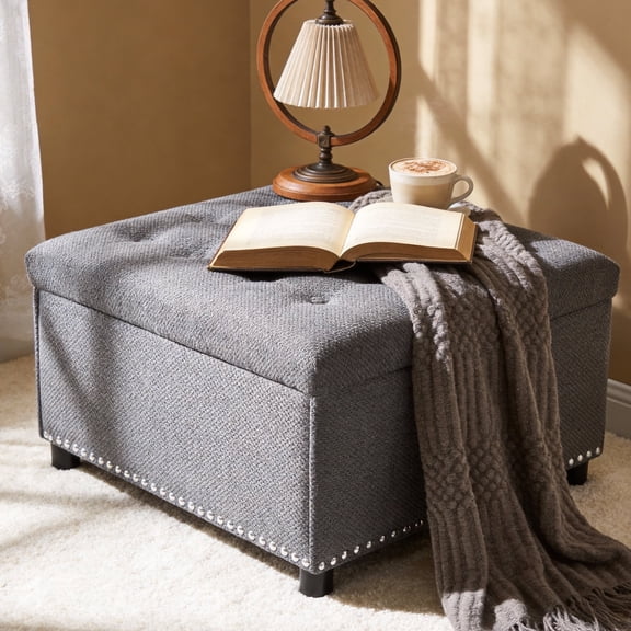 Arouseden Light Gray Cube Storage Ottoman,Square Storage Ottomans with Nailhead Trim Design,Upholstered Ottoman Coffee Table,Home Decor Foot Rest for Living Room