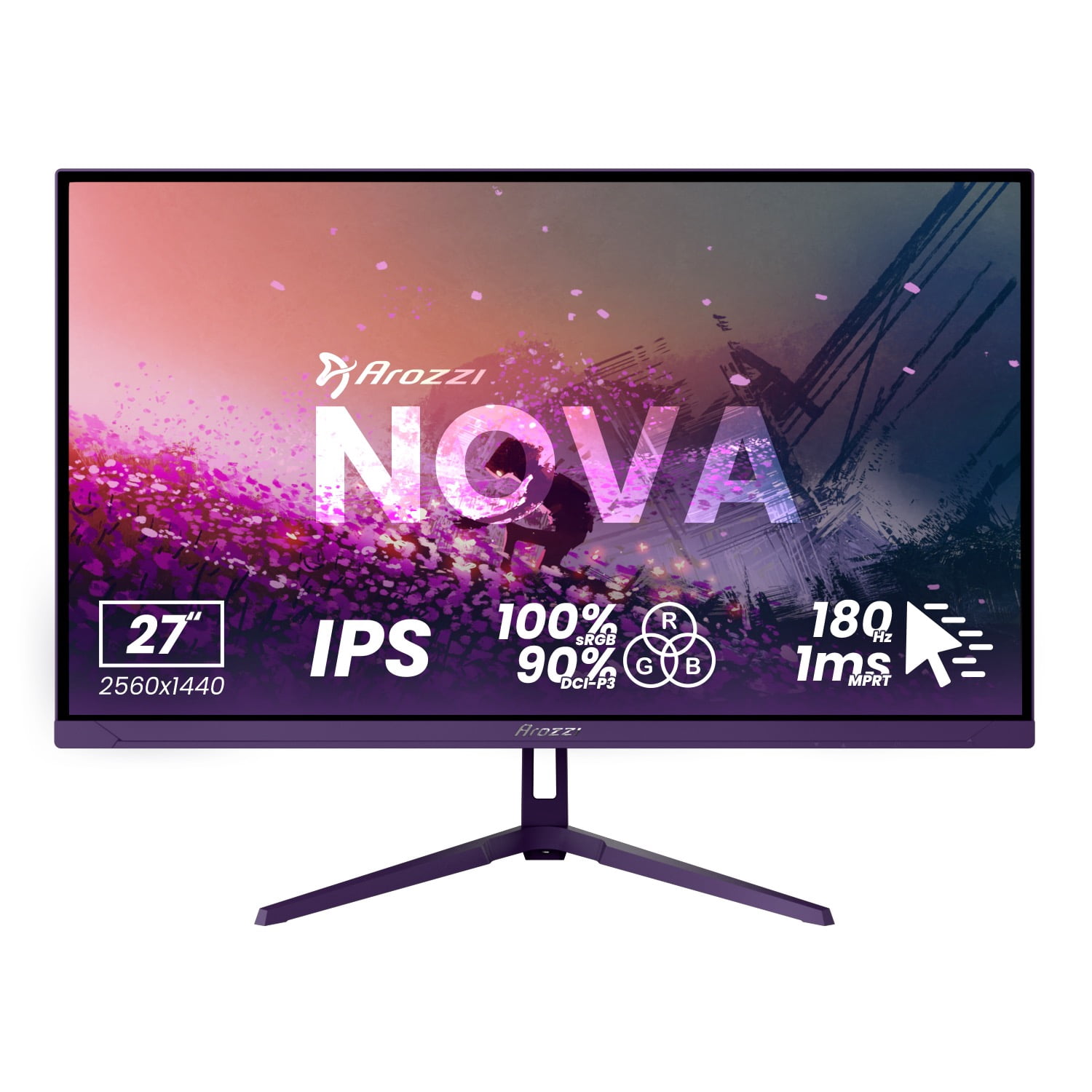 Arozzi Nova 27" QHD 1440p Gaming Monitor – IPS, 180Hz, 1ms, HDR10, Adaptive Sync – Purple