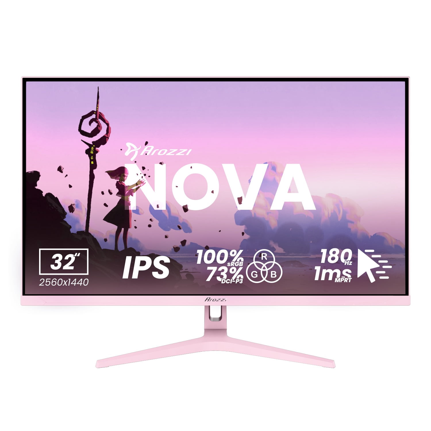 Arozzi Nova 32" QHD 2K Gaming Monitor – IPS, 180Hz, 1ms, HDR10, Adaptive Sync – Pink