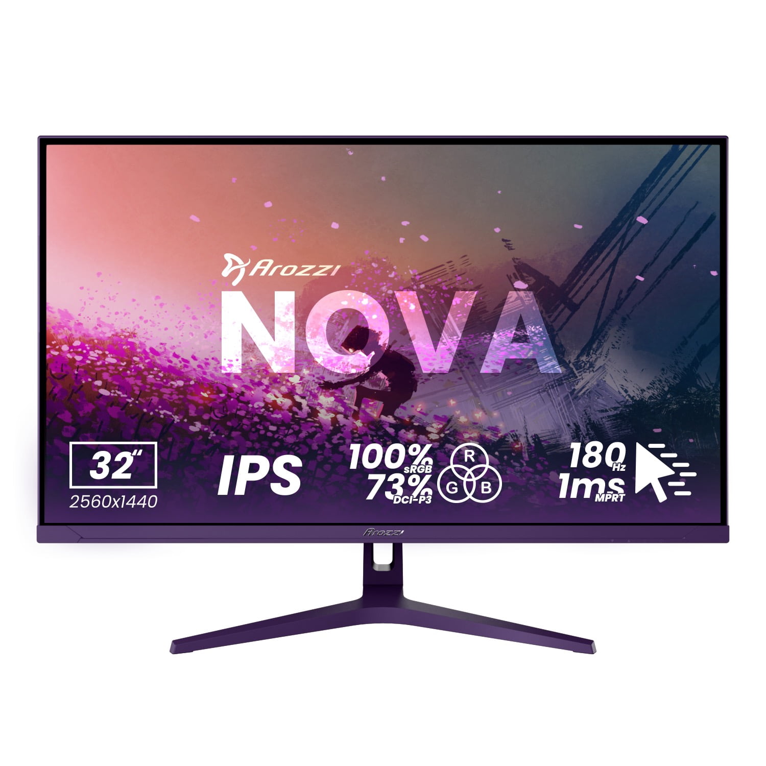 Arozzi Nova 32" QHD 2K Gaming Monitor – IPS, 180Hz, 1ms, HDR10, Adaptive Sync – Purple