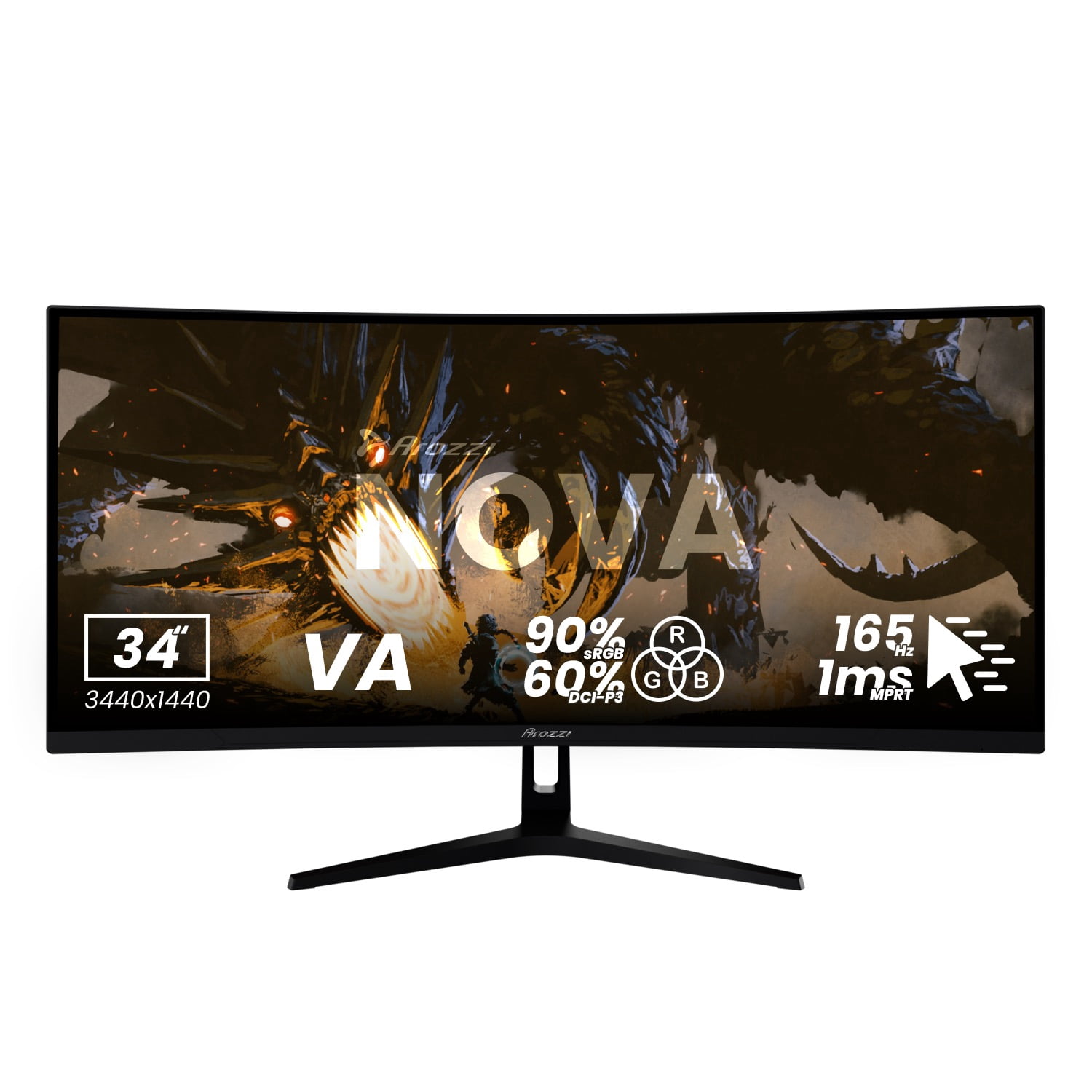 Arozzi Nova 34" Ultrawide Curved Gaming Monitor – VA, 3440x1440 UWQHD, 165Hz, 1ms, HDR10 – Black