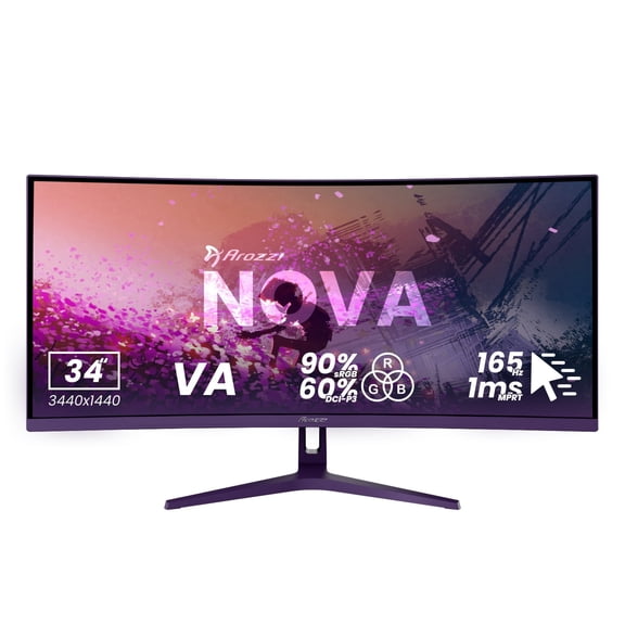 Arozzi Nova 34" Ultrawide Curved Gaming Monitor – VA, 3440x1440 UWQHD, 165Hz, 1ms, HDR10 – Purple