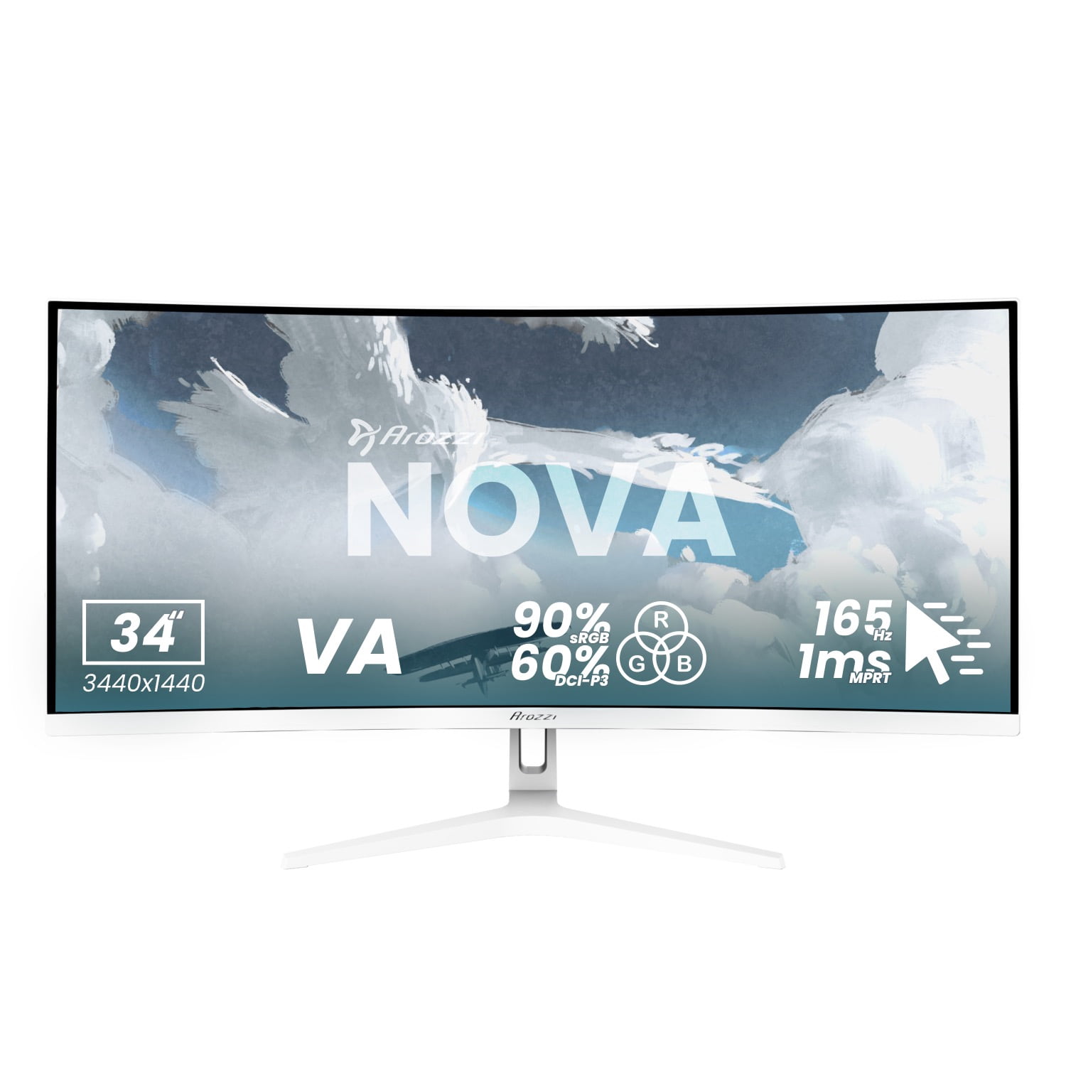 Arozzi Nova 34" Ultrawide Curved Gaming Monitor – VA, 3440x1440 UWQHD, 165Hz, 1ms, HDR10 – White