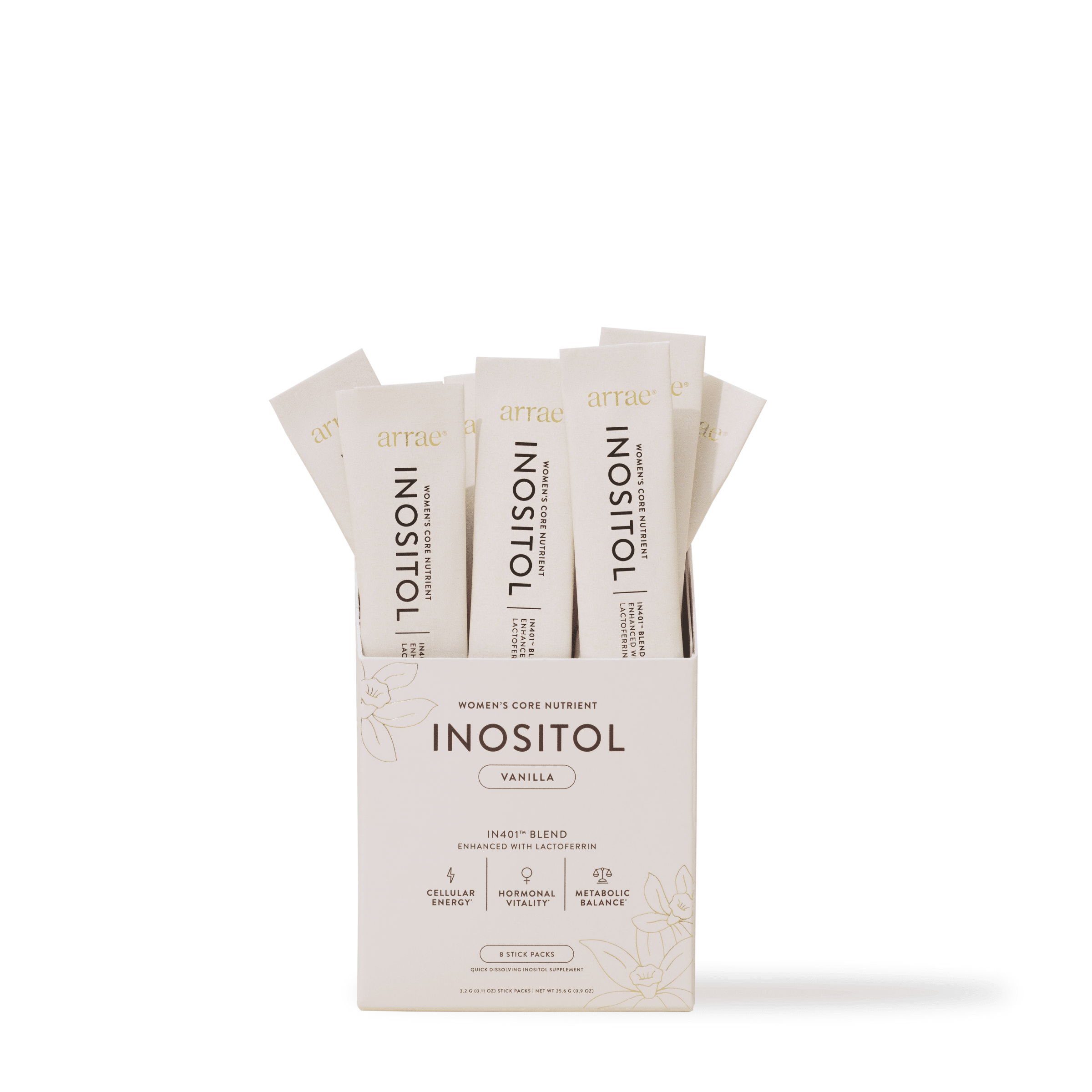 Arrae Inositol 8 Ct Vanilla - Women’s hormone and PMS support with Lactoferrin Effera™, 40:1 Inositol Blend & 5-MTHF Quatrefolic®. Helps mood, skin, cycle regularity & reproductive wellness.