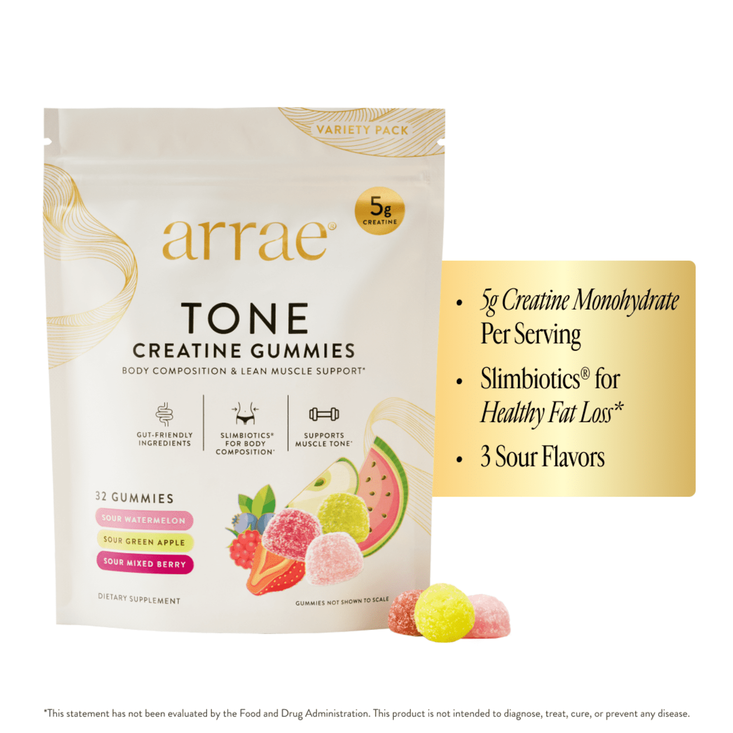 Arrae Tone 32 Variety Pack (32 Gummies) - Sour Mixed Berry, Sour Green Apple & Sour Watermelon