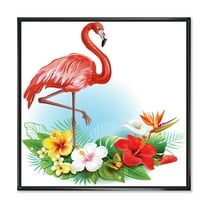 Arrangement with Flamingo and Tropical Flowers 16 in x 16 in Framed Painting Canvas Art Print, by Designart