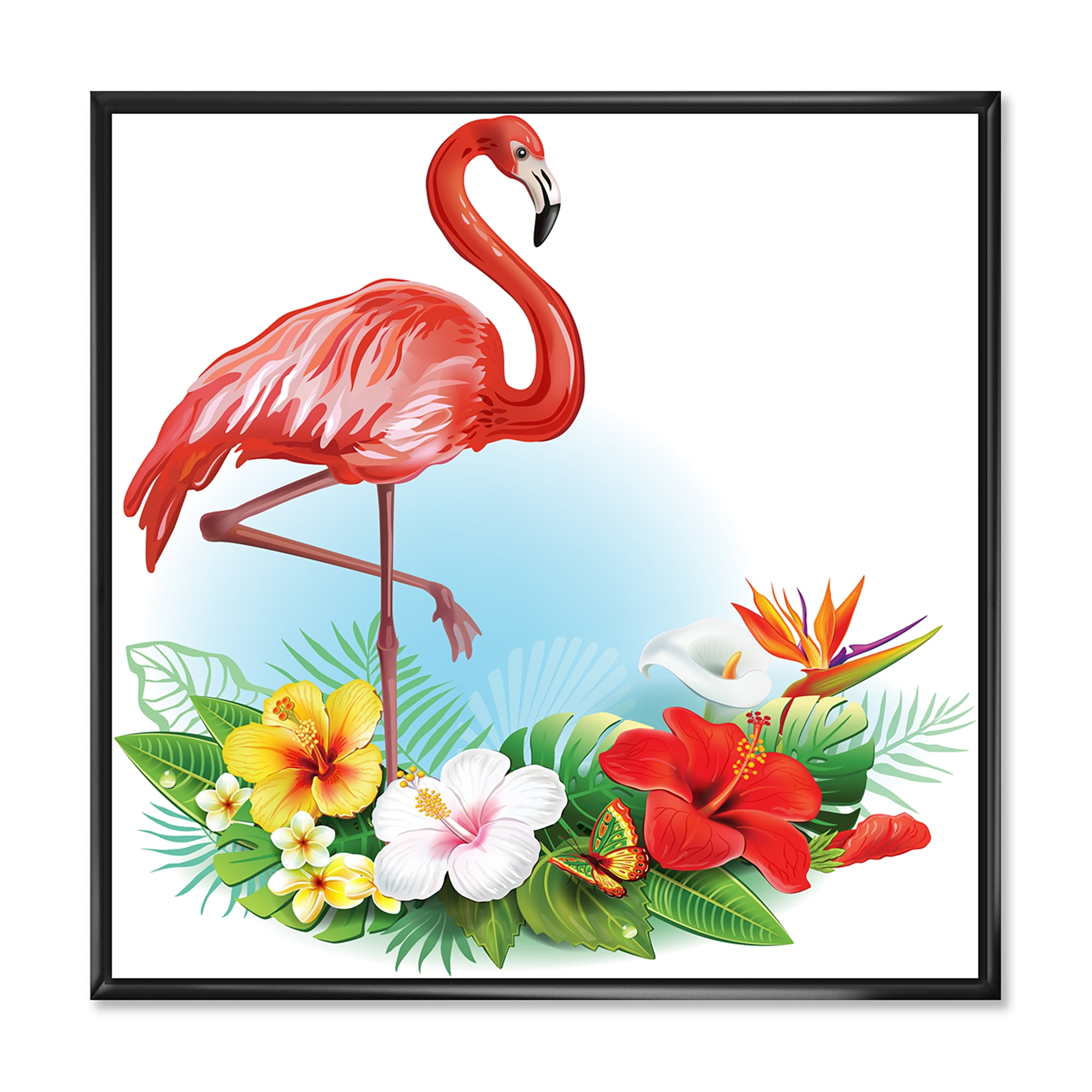 Arrangement with Flamingo and Tropical Flowers 36 in x 36 in Framed Painting Canvas Art Print, by Designart
