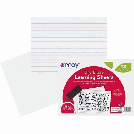 Array Dry Erase Learning Sheets, Non-Adhesive, White, 3/4" x 3/8" x 1/4" Ruled, 11" x 8-1/4", 30 Sheets