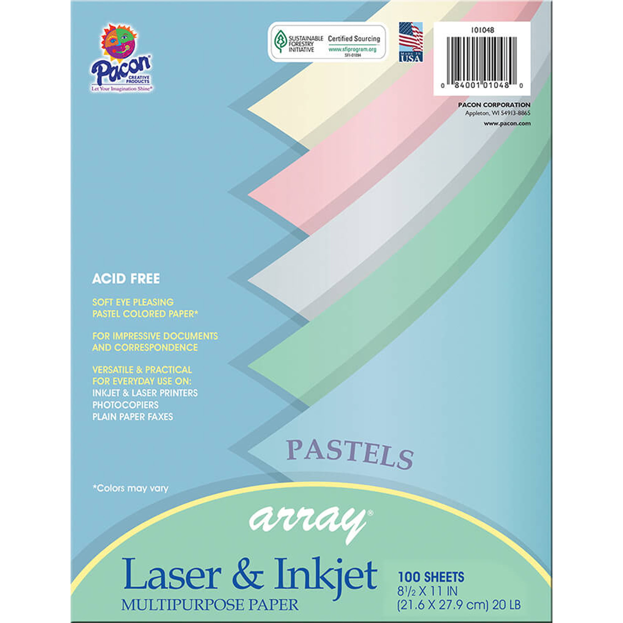Pacon 101315 Printable Multipurpose Array Card Stock, Assorted Pastel Colors - 100 count
