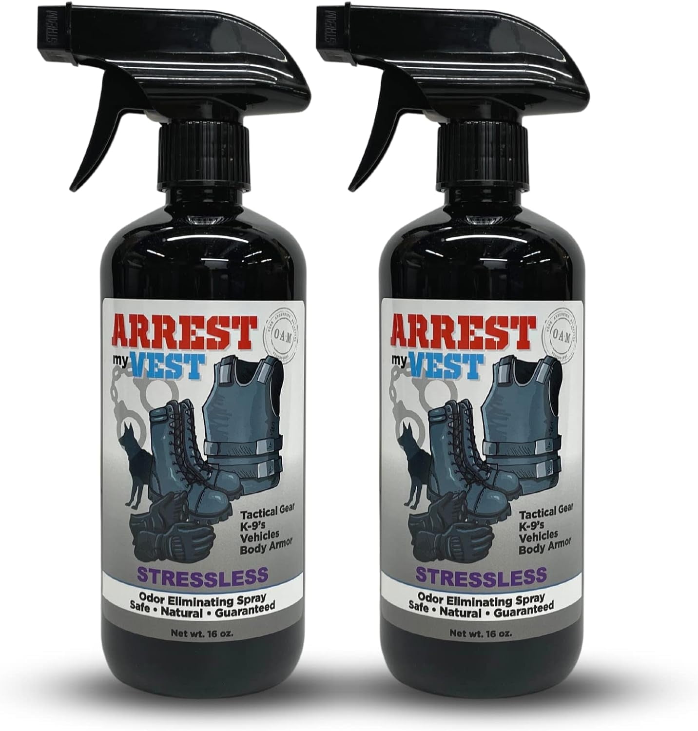 Arrest My Vest Odor Eliminating Spray for Body Armor, Ballistic Vests - Stressless - 2 16oz Bottles